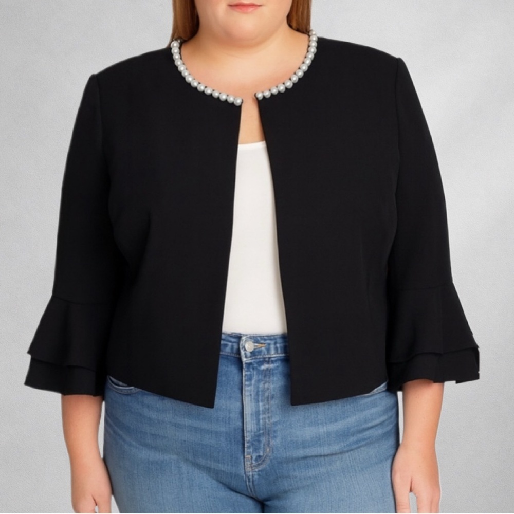 Tahari Arthur S. Levine Blazer Jacket 22W Pearl Trim Bell Sleeve Open Front